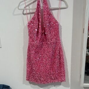 Fashion Nova Pink Sequin Halter Mini Dress | Size L | Glam Cocktail Party